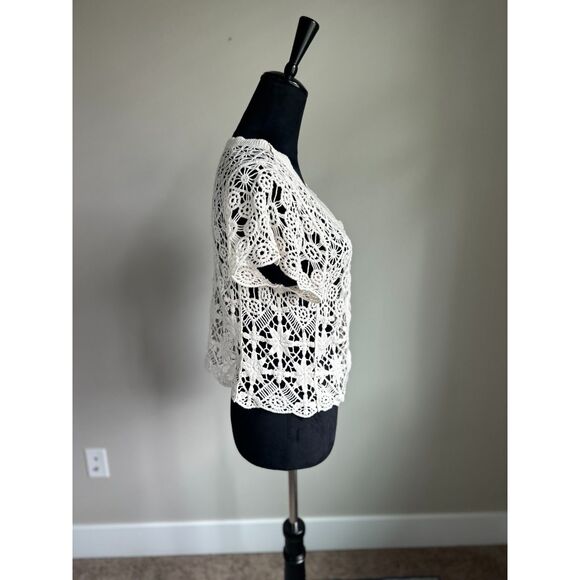 NWOT GLG Women's Cream Knit Crochet Button Front Short Sleeve Top Size M - Picture 6 of 9